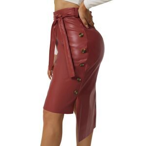 High Low Skirt Belted High Waist Side Button Decor Leather Skirt Wine